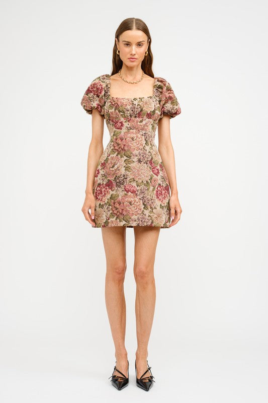 Floral printed jacquard mini dress