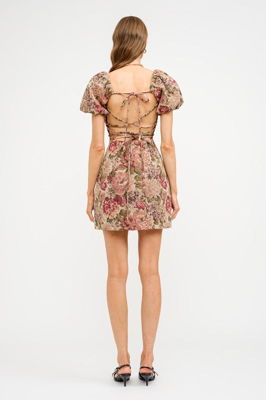 Floral printed jacquard mini dress