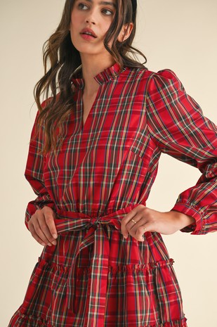 Christmas plaid tiered ruffle mini dress
