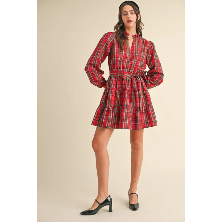 Christmas plaid tiered ruffle mini dress