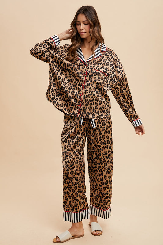 Leopard Satin Pajama Shirt & Pants Set
