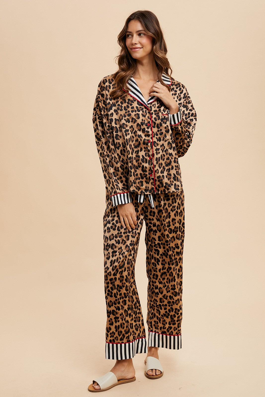 Leopard Satin Pajama Shirt & Pants Set
