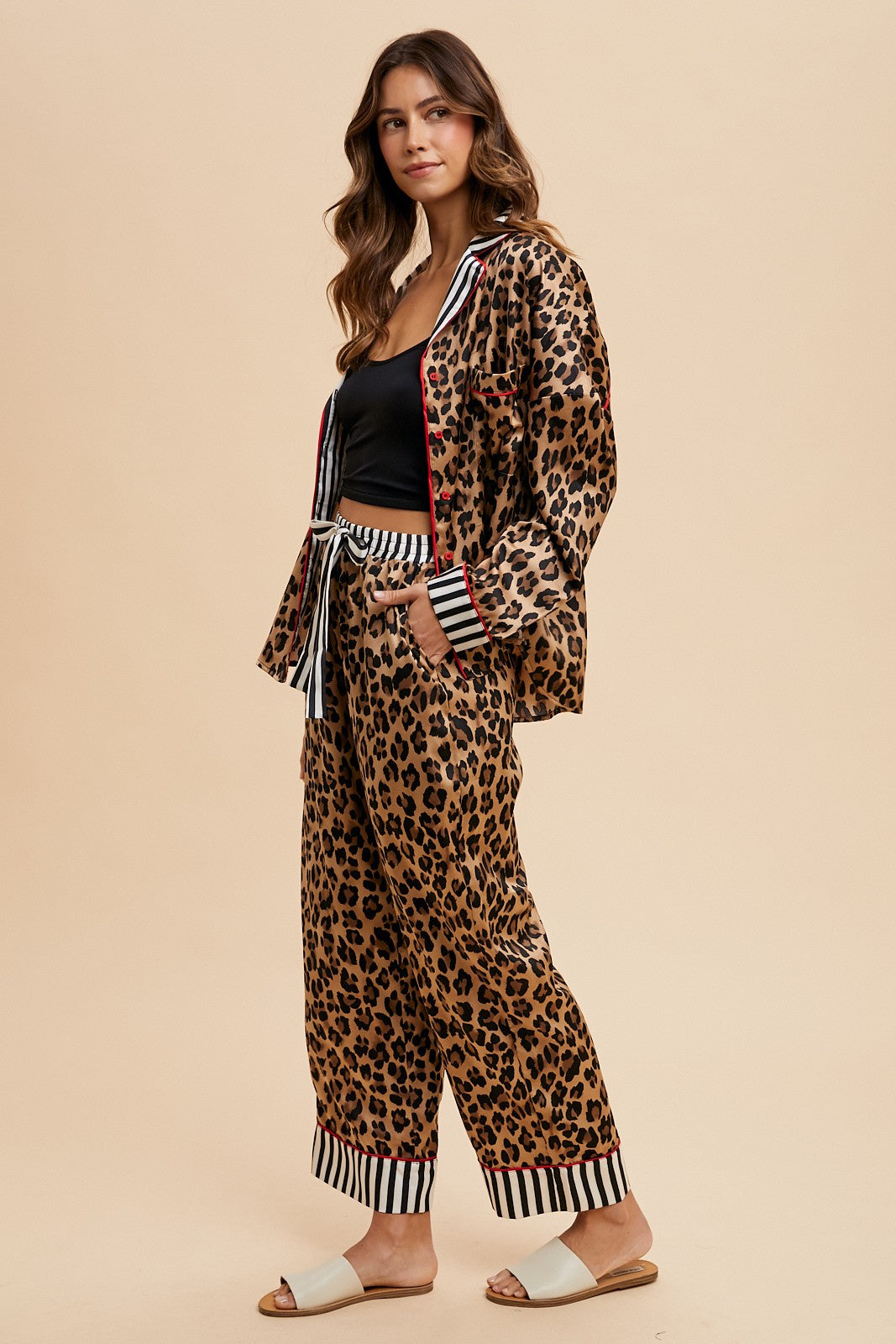 Leopard Satin Pajama Shirt & Pants Set