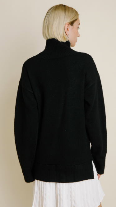 Black Pleated Hem Turtleneck Dress