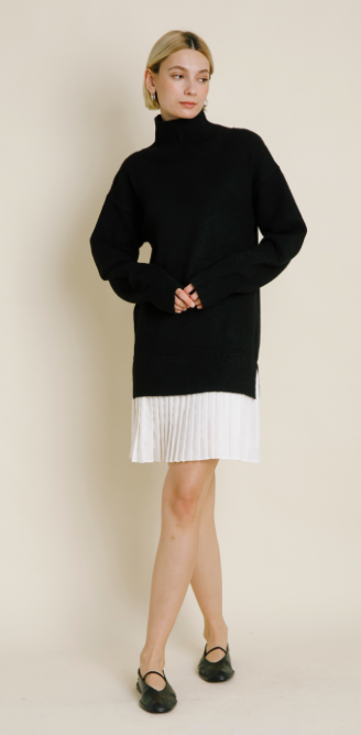 Black Pleated Hem Turtleneck Dress