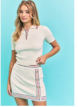 Knit Collar Top And Mini Skirt Set With Stripe