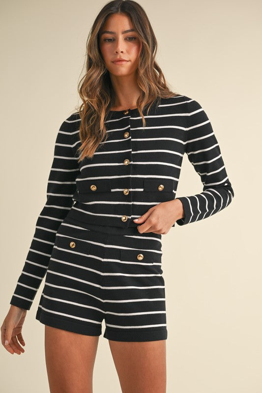STRIPE KNIT BUTTON DOWN CARDIGAN AND SHORTS SET
