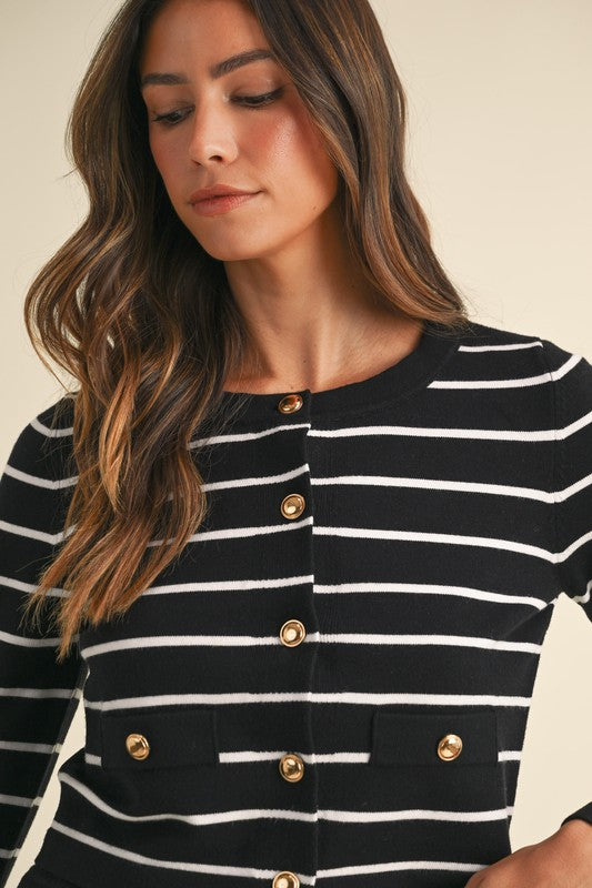 STRIPE KNIT BUTTON DOWN CARDIGAN AND SHORTS SET