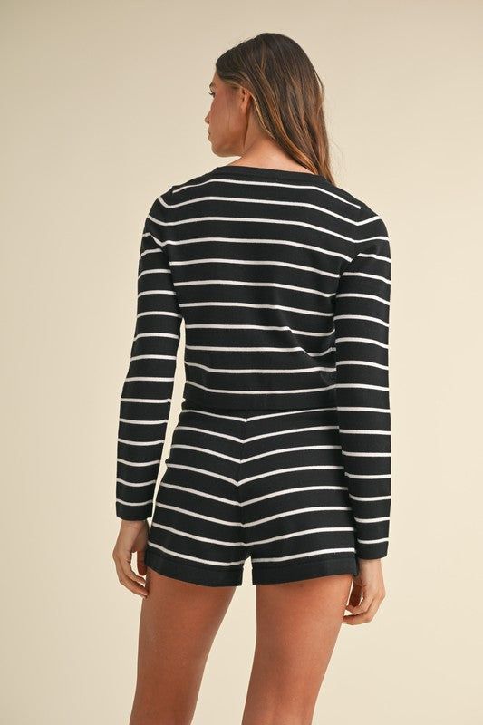 STRIPE KNIT BUTTON DOWN CARDIGAN AND SHORTS SET