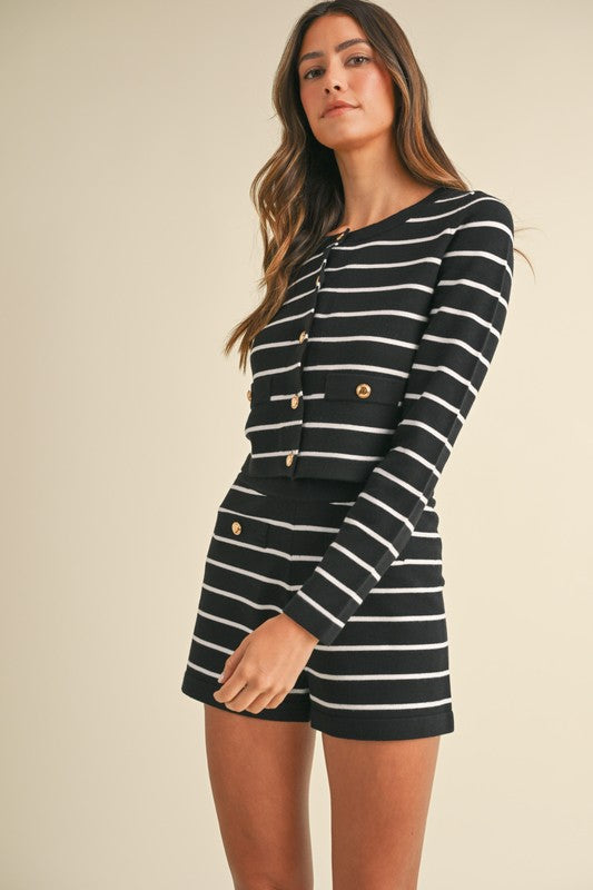 STRIPE KNIT BUTTON DOWN CARDIGAN AND SHORTS SET